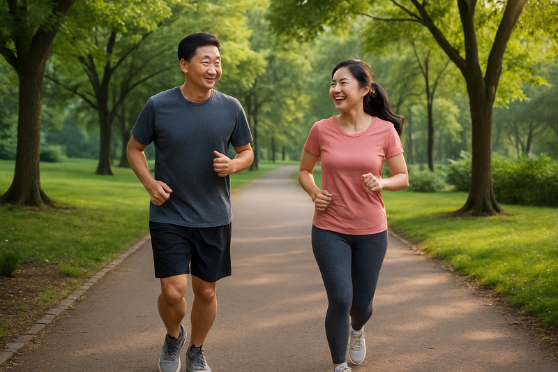 Asian couple enjoying a morning jog in the park, symbolizing fitness, wellness, and vitality with SingBest Health.