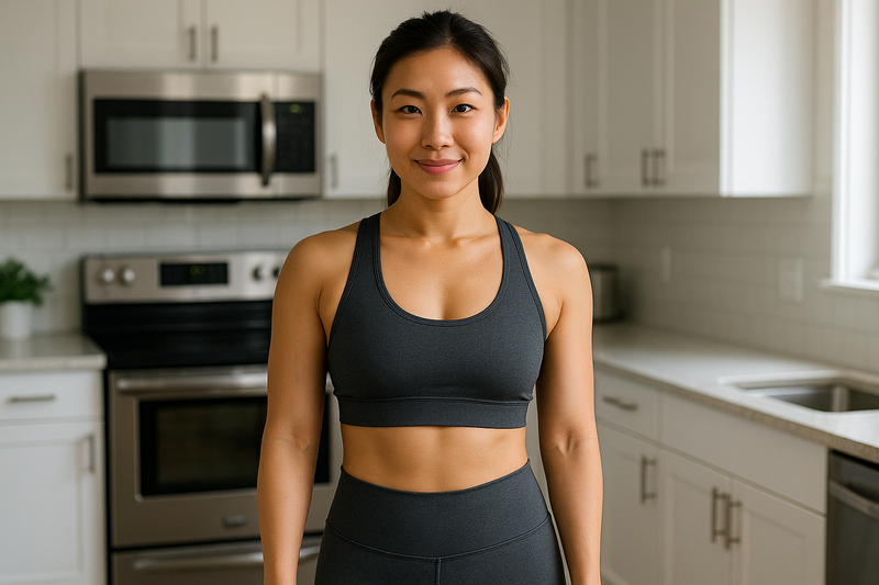 Asian woman in workout clothes preparing for a healthy day, fueled by SingBest Health.