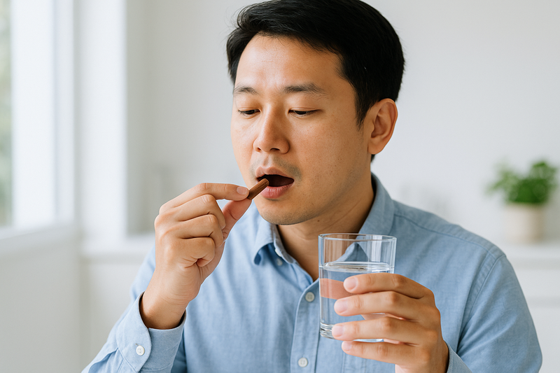 Asian man in his 30s taking a SingBest Health supplement capsule with a glass of water.