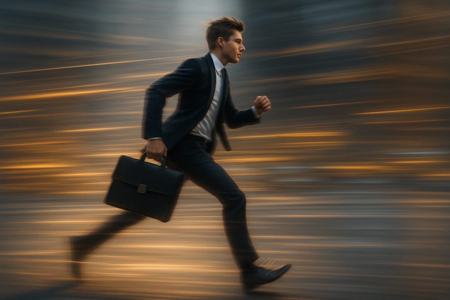 Young professional walking briskly with motion blur, representing peak performance and energy supported by SingBest Health.