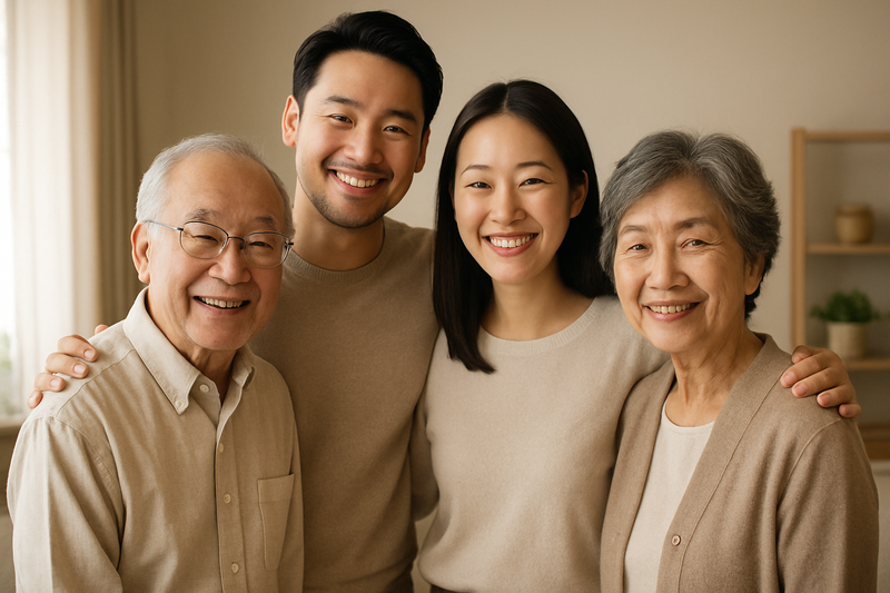 Asian family spanning generations, emphasizing health, longevity, and daily wellness supported by SingBest Health.